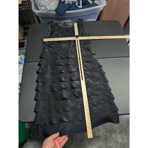 Adrianna Papell Black Tiered Sheath Dress Ruffle Shutter Pleat Satin Women's 10 - Picture 6 of 6